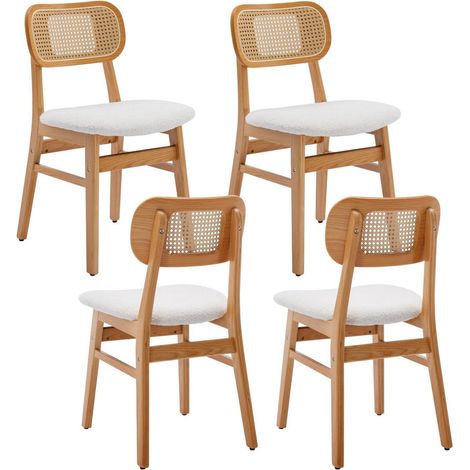Esszimmerstühle 4er Set Holz mit Rattan Rückenlehne und Kunstfell Sitz, Beige (1/5)