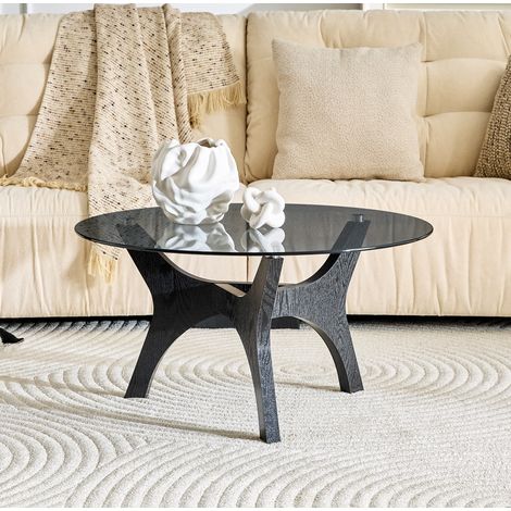 Tavolino da caffè rotondo 80x80x42.2 cm nero in vetro e MDF con piano resistente al calore e ai graffi (1/5)