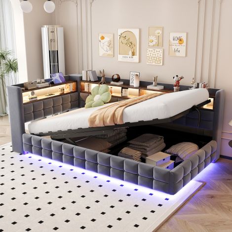 Letto/divano letto imbottito multifunzionale 90 × 200 cm, con vano contenitore idraulico, ripiano in legno, striscia LED, presa di corrente, porte di ricarica USB e Type-C, struttura di supporto a dog (1/5)