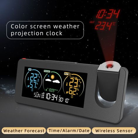 FJ3538 Nuovo orologio meteo elettronico a proiezione, stazione meteorologica, visualizzazione a colori di temperatura e umidità, allarme digitale