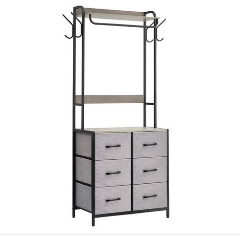 Grand capacité de rangement – Commode à 6 tiroirs pour chambre – Structure métal robuste – Plateau bois élégant – Avec penderie, 4 crochets latéraux – Idéale pour vêtements et accessoires (1/5)