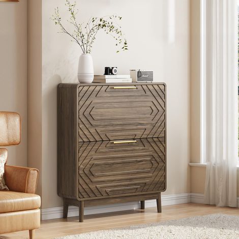 Meuble à chaussures 80cm Noyer avec 2 tiroirs abattants - Range-chaussures moderne rétro en bois, Gain de place, Meuble d'entrée (1/5)