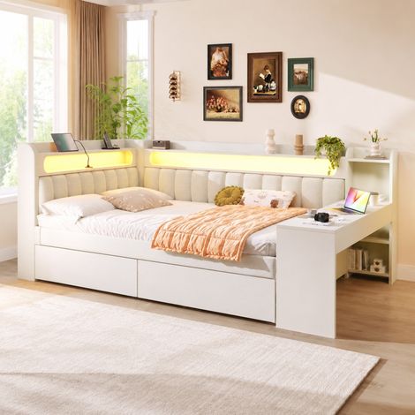 Lit banquette 140x200 cm en MDF et contreplaqué blanc, avec rangement pour chambre, FloraGrace (1/5)
