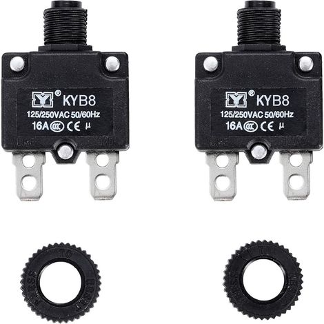 2 pièces disjoncteur thermique 16A, protection contre les surcharges thermiques 125-250V AC 50V DC, 16A bouton poussoir disjoncteur à réinitialisation manuelle (1/5)
