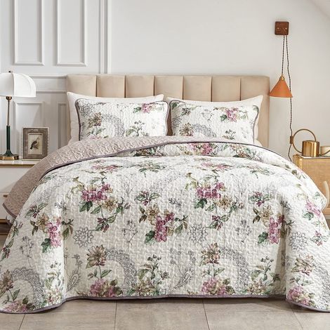 Parure de lit 2 pièces pour lit jumeau, Couvre-lit réversible à Motif Floral Beige, en Microfibre Douce et légère pour Enfants (172,7 x 218,4 cm, 1 Couette + 1 taie d'oreiller) (1/5)