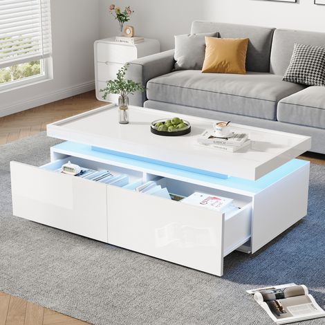 Tavolino da salotto in truciolare bianco lucido 95 x 45 x 35 cm con LED e 2 cassetti (1/5)
