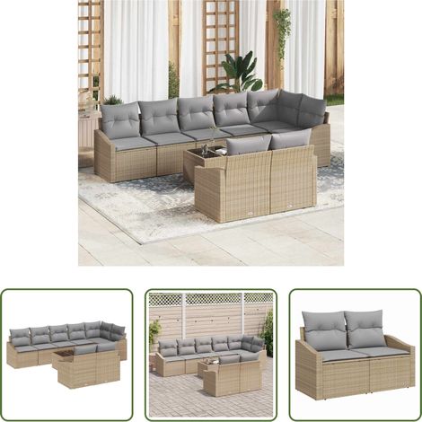 vidaXL Freisitz - Sofa Set mit Kissen 9 pcs Beige Poly Rattan (1/5)