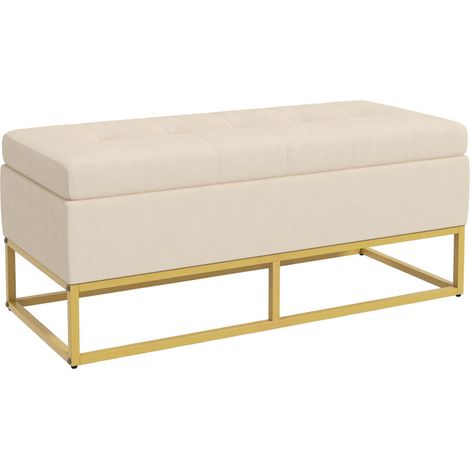Banc de rangement, capitonnage décoratif, aspect flanelle, pieds en acier doré, 110 x 47 x 46,5 cm (1/5)