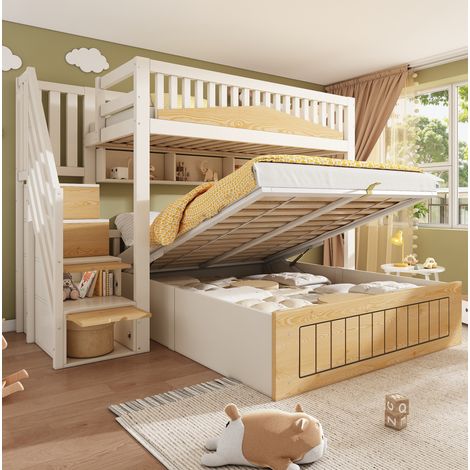 DESVIAE Lit superposé familial décalé en bois avec rangement hydraulique escalier de rangement étagères prises USB USB C 90 x 200 140 x 200 blanc et naturel (1/5)