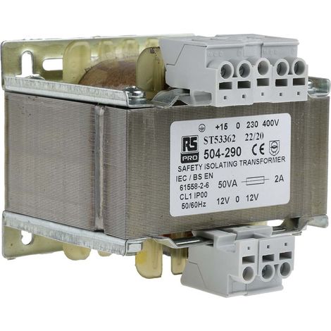 Rs Pro – Transformateur pour tableau électrique ±12V c.a. 50VA – Tension 230V ac à 400V ac – 1 sortie – Montage panneau