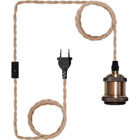 Douille E27 avec Câble 2m en Corde de Chanvre Tressée Suspension Luminaire en métal Vintage, Lustre Corde de Chanvre Rétro Interrupteur Kit Suspension Luminaire Cuisine Cave Loft Entrepôt (A) (1/5)