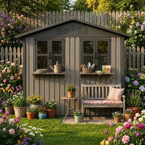 Caseta de jardín de acero galvanizado marrón, de 254,2 x 170,2 cm (4,33 m²), con dos ventanas dobles practicables, dos puertas dobles con cerradura y un estante decorativo para flores. (1/5)