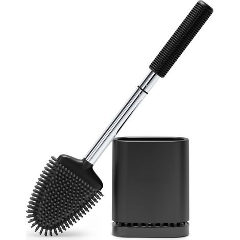 Brosse WC, Brosse Toilettes WC Silicone, Balai Toilette et Support, Noir Balayette Silicone Suspendu, Mural sans Percageà, Montage Mural/au Sol, Salle de Bain - Noir Mat (1/4)