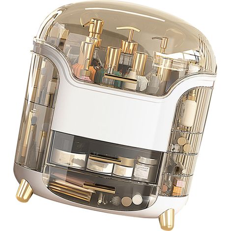 Boîte à cosmétiques grande capacité, compartiments de rangement, rotative, étanche, transparente, organiseur de maquillage vertical blanc (1/5)