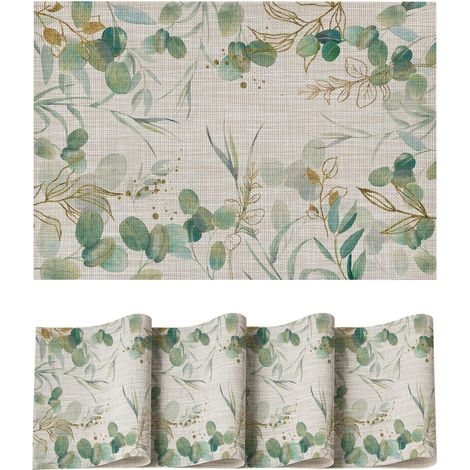 Lot de 4 sets de table d'été en PVC eucalyptus vert, anti-taches, antidérapants, résistants à la chaleur, décoration de cuisine (1/5)