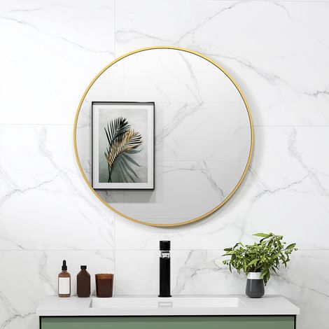 Miroir rond salle de bain, cadre en métal, facile à installer, compatible chambre/salon/entrée, Ø 70 x 2,5 cm, or
