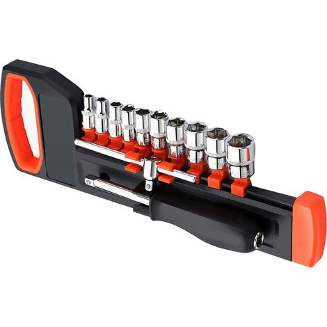 Clé à cliquet multifonction 12 pièces, 1/4 pouce avec dégagement rapide, outil de réparation auto à tête volante, lot de douilles à cliquet, poignée compacte, gants inclus, usage professionnel. (1/5)