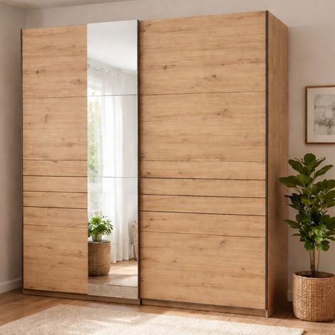 Armario grande Siri, armario de dormitorio con barra para colgar, 2 estantes, puertas correderas, 195x218h cm, marrón roble nudoso (1/5)