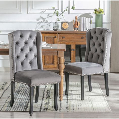 Lot de 2 chaises de salle à manger en velours gris avec pieds en chêne et montage rapide,61×45×100cm (1/5)