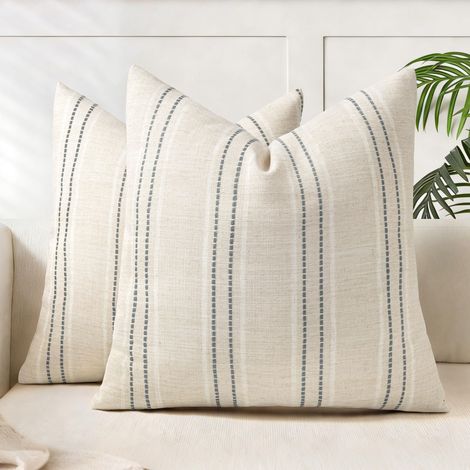 Lot de 2 Housses de Coussin décoratives en Lin texturé de Style bohème et Rustique pour canapé, Salon (Housse Uniquement) 45,7 x 45,7 cm, Beige avec Coutures Blanches et Grises (1/5)