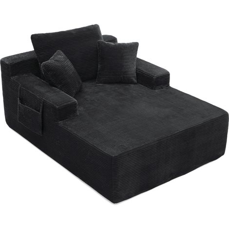 Divano in corduroy nero 1 posto con tasche laterali e cuscini, senza montaggio (1/5)