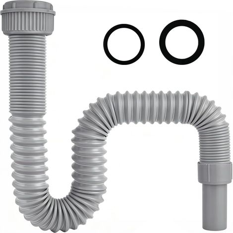 Tuyau d'évacuation flexible 45 mm, tuyau extensible pour évier, hose armé en acier, adaptateur 40 mm, kit durable pour cuisine et salle de bain (Gris) (1/5)