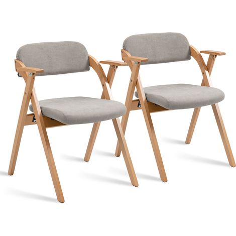 Chaise pliante en bois avec accoudoirs et siège rembourré, lot de 2, grise (1/5)