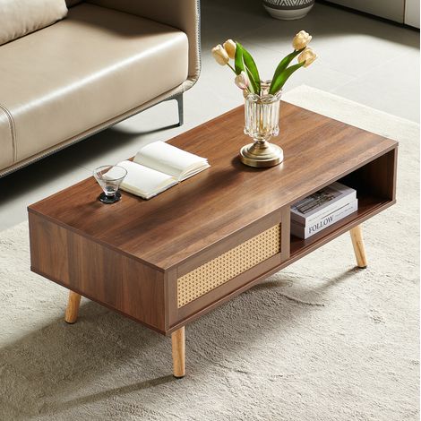 Table basse rotin 105x55 cm MDF marron à portes coulissantes OKMYHOME (1/5)