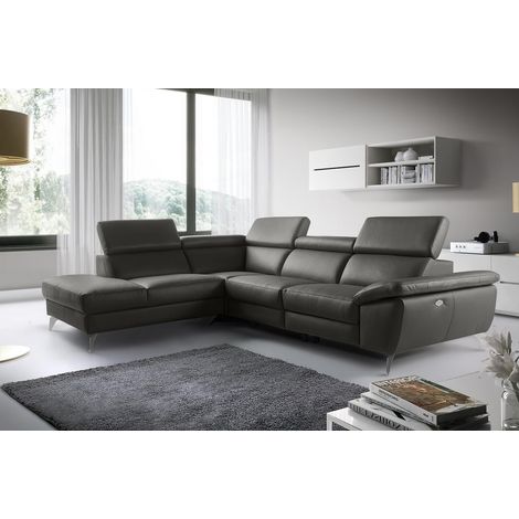 Canapé d'angle relax en 100% tout cuir épais de luxe italien avec relax électrique, 5/6 places KASTER, anthracite, angle gauche (1/5)