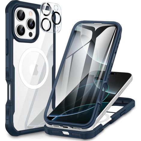 Magnétique Coque iPhone 16 Pro, Compatible avec MagSafe intégré Verre Trempé Protection écran et Protecteur Caméra, 360° Antichoc Téléphone Housse Double Face Case Intégrale Etui - Bleu (1/5)