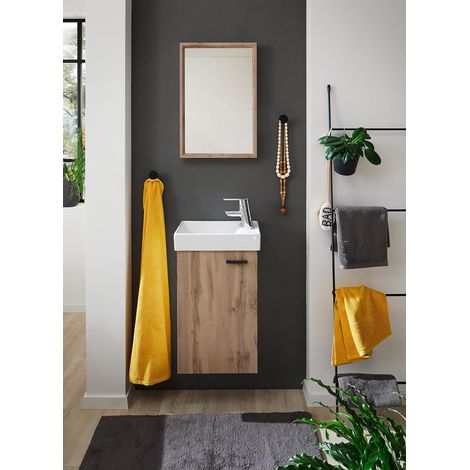 MERCATONE GERMANVOX da oltre 40 anni arreda la tua casa Mobile bagno salvaspazio con lavabo e specchio, Finitura Quercia, Ideale per spazi ristretti L.41 P.23 H.165 cm