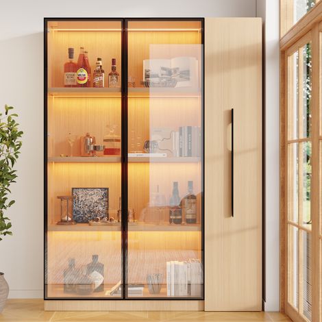 Bibliothèque vitrine LED 110,5x35x160 cm, rangement latéral coulissant sur roulettes, porte en verre, MDF (1/5)