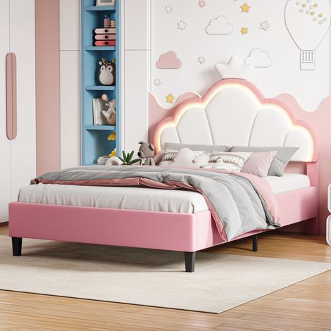 Letto Matrimoniale 140x190 con LED, Letto Corona in Velluto Rosa e Bianco, Testiera Regolabile, Struttura del Letto Stabile con Piedi Centrali, Letto Principessa per Camera Adulti o Adolescente