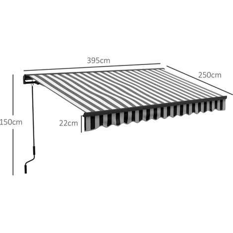 Store électrique pour balcon 395x250 cm, voile d'ombrage avec protection UV, manivelle, auvent escamotable à télécommande, gris et blanc (1/5)