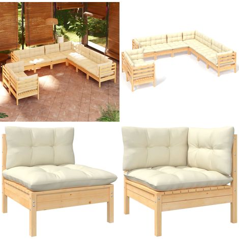 9-tlg. Garten-Lounge-Set mit Creme Kissen Massivholz Kiefer - Gartensessel - Lounge Set - Gartenmöbel - Outdoor Möbel - Rattan Sessel - Home & Living (1/5)