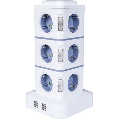 Steckdosenturm, 12-fach Steckdosenleiste (2500 W / 10 A) mit 4 USB-Anschlüssen, mehrere Steckdosen, Überspannungsschutz, vertikale Steckdosenleiste für das Home Office, 3 m Verlängerungskabel (1/4)