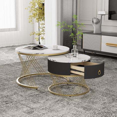 Mesa de centro redonda 70x70x45 cm con cajones diseño modular chapa de mármol estructura metálica dorada,blanco (1/5)