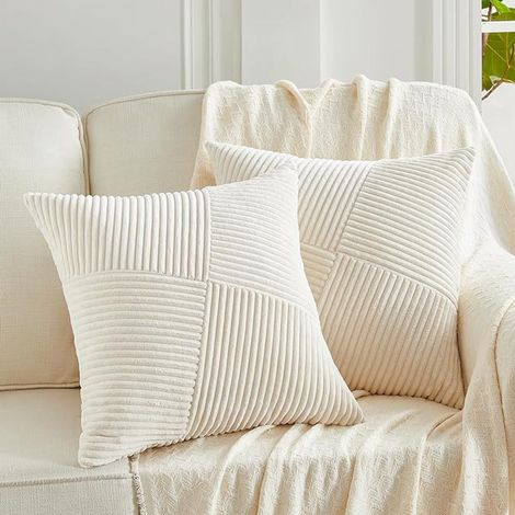 Taie d'oreiller de canapé housses coussin douces en côtelé décoratives pour à rayures ivoire 2Pcs 45x45cm velours (1/5)