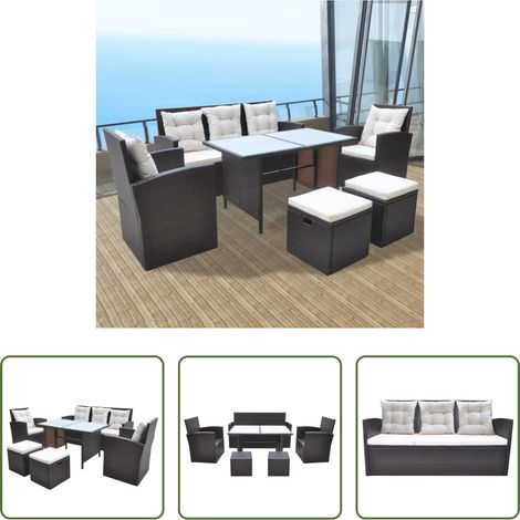 Salle à manger extérieure - Ensemble à manger d'extérieur avec coussins 6pcs Résine tressée (1/5)