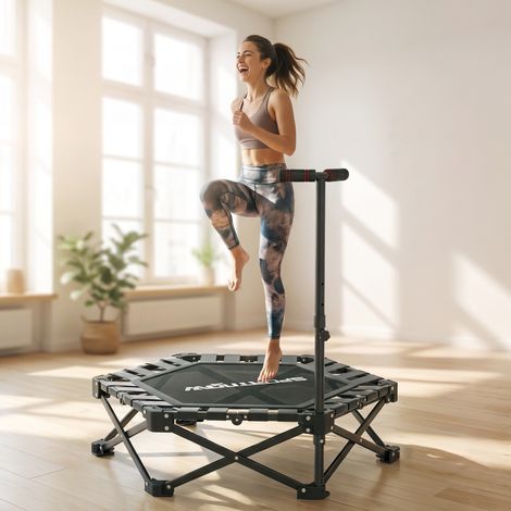 Trampoline de fitness avec poignée en T réglable, pliable, sac de transport, capacité de charge 120 kg, acier, plastique, noir (1/4)