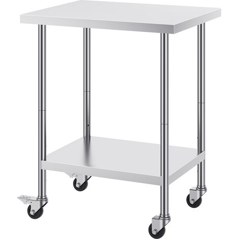Mophorn Arbeitstisch aus Edelstahl, 61 x 76 x 96,5 cm, 4 Räder, 3 einstellbare Höhenstufen, robuster Lebensmittelzubereitungstisch für Großküchen, Restaurants, silberfarben