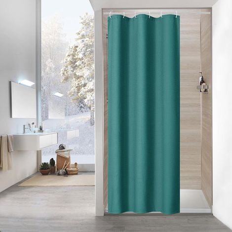 Rideau de douche étroit de 91,4 x 183 cm, motif gaufré vert émeraude, pour décoration de salle de bain, avec crochets en plastique, vert algue (1/5)