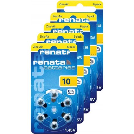 .5 blister de 6 piles auditives RENATA ZA10 ZINC AIR JAUNE.
.
.
.