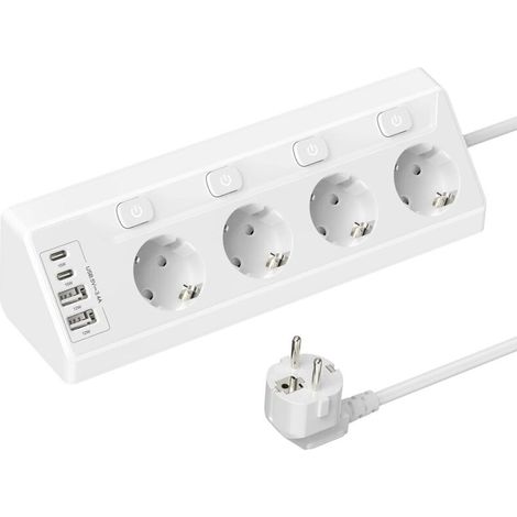 Multiprise d'angle ue, 4 prises ca, prise de Table avec 2 USB A 2 Type C, prise murale Multiple avec interrupteur pour cuisine et maison, rallonge de 2M, Blanc (1/5)