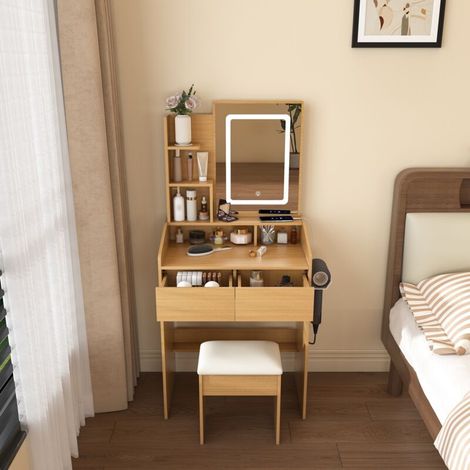 Coiffeuse de chambre 60 x 36 x 130 cm – Miroir et tabouret LED tricolores, 2 tiroirs, rangement ouvert, racks pour sèche‑cheveux, prises intégrées – Station beauté moderne et connectée (1/5)