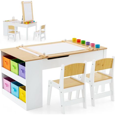 COSTWAY Juego de Mesa y 2 Silla de Arte para Niños, Escritorio de Juegos y Manualidades 2 en 1 para Niños con Mesa Elevable, Rollo de Papel, Vasos de Pintura y 6 Contenedores (Natural) (1/5)