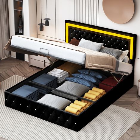 Lit coffre double 160x200cm velours, garniture rivets, bande lumineuse LED, tête de lit relevable, sommier à lattes, lit capitonné adulte - Noir