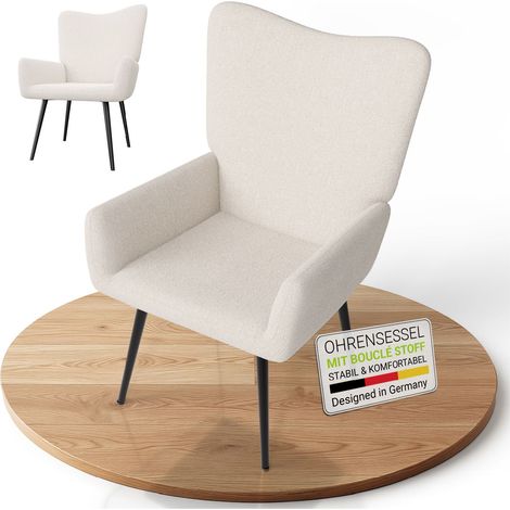 Juskys Ohrensessel Odense Beige ohne Hocker, Relaxsessel mit hoher Lehne & Armlehnen, Bouclé , bequem & stabil mit pulverbeschichtetem Stahl (1/5)