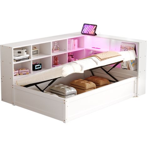 Canapé lit 90 x 200 avec prise multifonction, rangements intégrés et bande LED contrôlable par smartphone, cadre en bois blanc pour petit espace  CHICFURN (1/5)