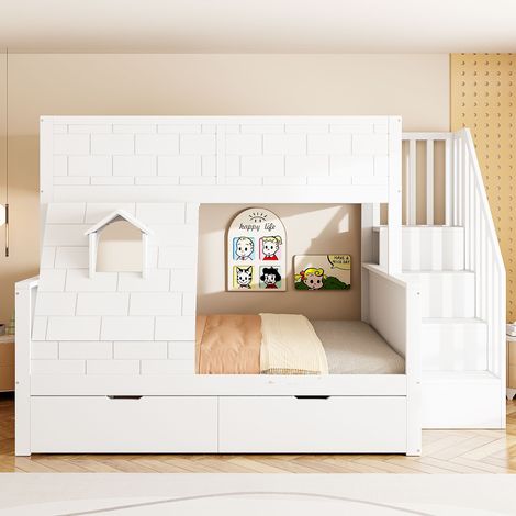Litera infantil 90x200 y 140x200 cm blanca de madera con escalera y cajones (1/5)